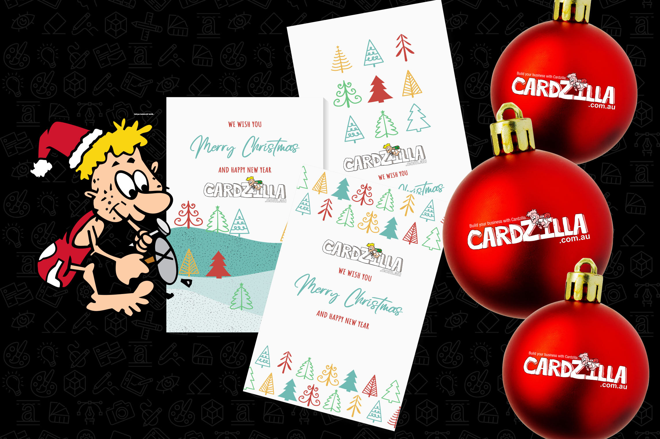 Cardzilla Cave Man in Christmas hat next to cards